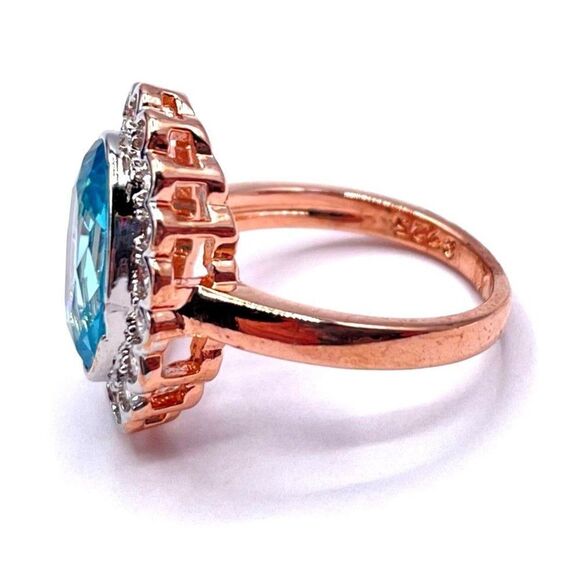 .925 Sterling Silver Rose Gold with Blue and White Cubic Zirconia Ring Size 6 - Picture 4 of 6